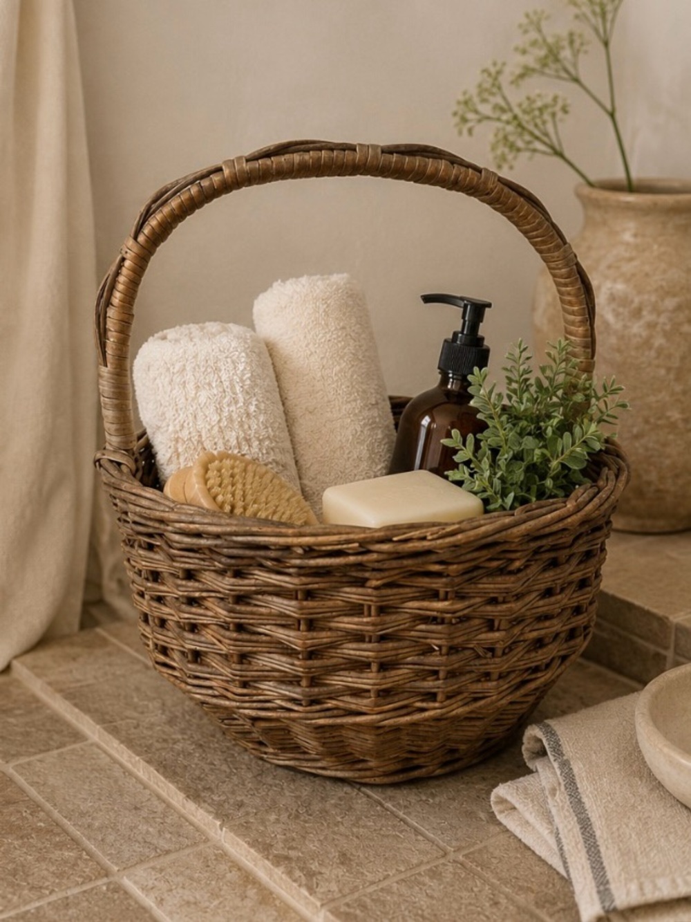 Vintage French Wicker Woven Warm Brown Wicker Basket w/ Handle Gathering Market